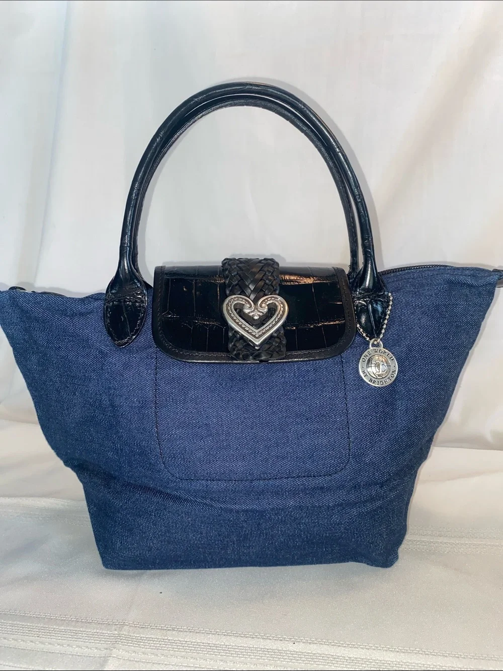 Brighton Denim Foldable Tote Purse Black Croc-Texture Trim Heart Clasp One World